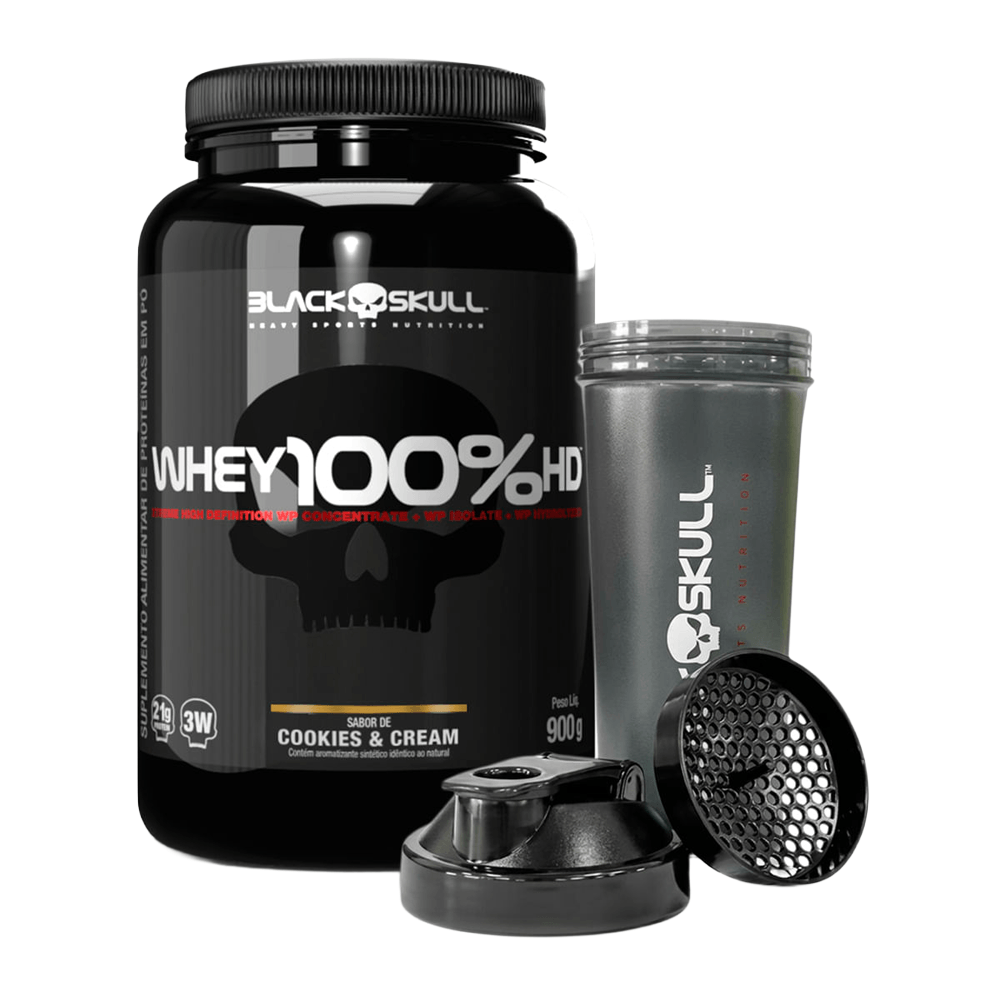Kit Whey 100% Hd Cookies 900g + Coqueteleira Black Skull