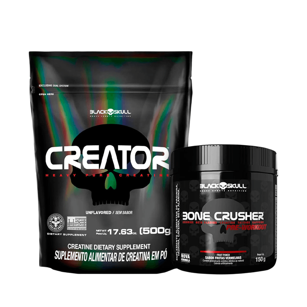 Kit Black Skull Pré-treino Bone Crusher Frutas Vermelhas 150g + Creatina Creator 500g FRUTAS VERMELHAS N/A