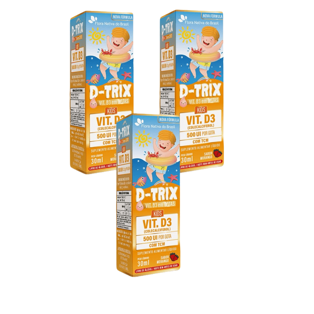 Kit 3 Vitaminas D3 D-Trix Kids Flora Nativa 30ml Morango