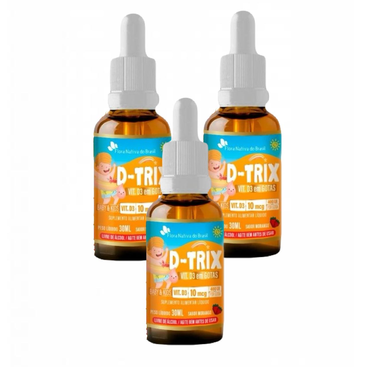 Kit 3 Vitaminas D3 D-Trix Kids Flora Nativa 30ml Morango