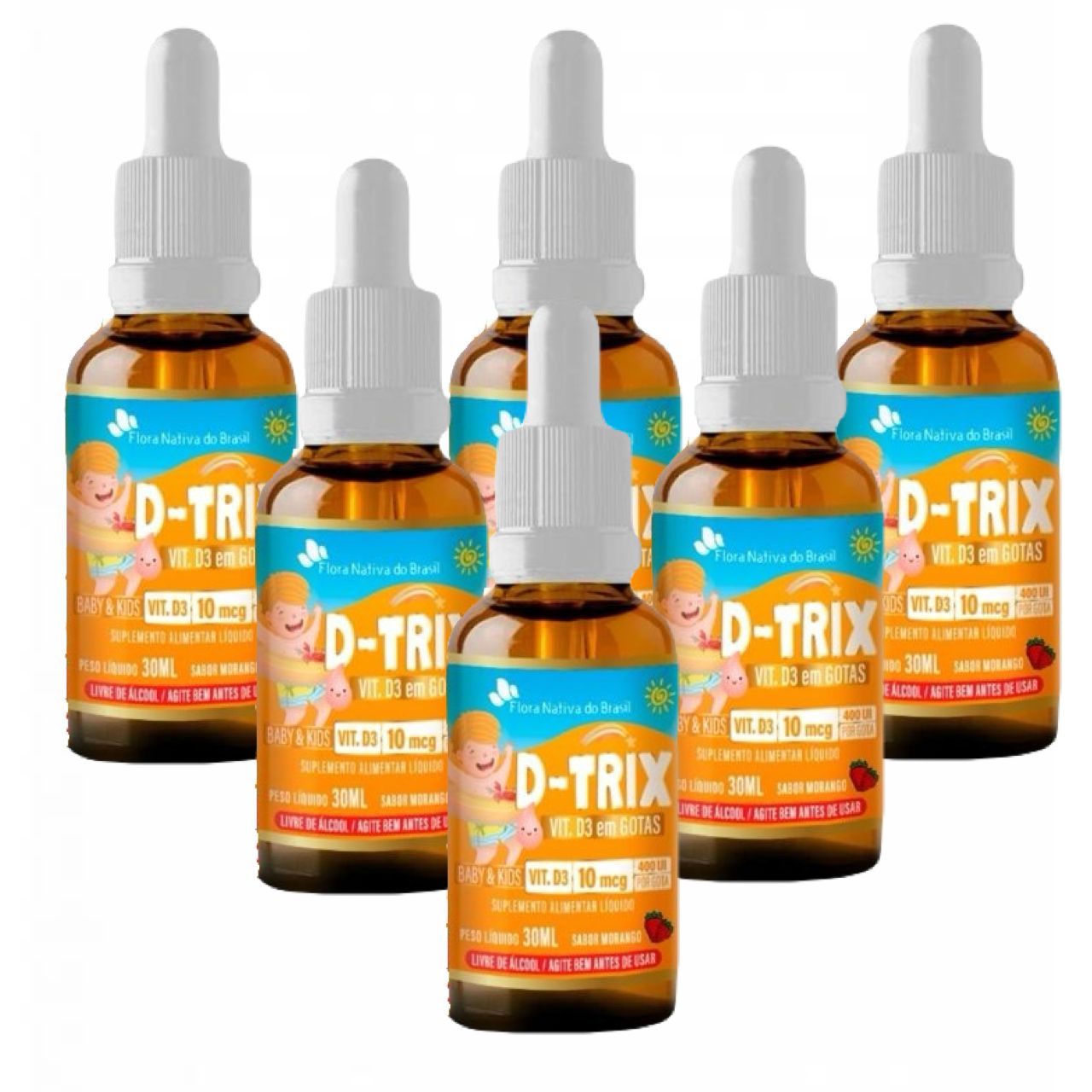 Kit 6 Vitaminas D3 D-Trix Kids Flora Nativa 30ml Morango