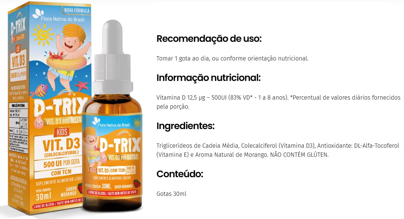 Kit 6 Vitaminas D3 D-Trix Kids Flora Nativa 30ml Morango
