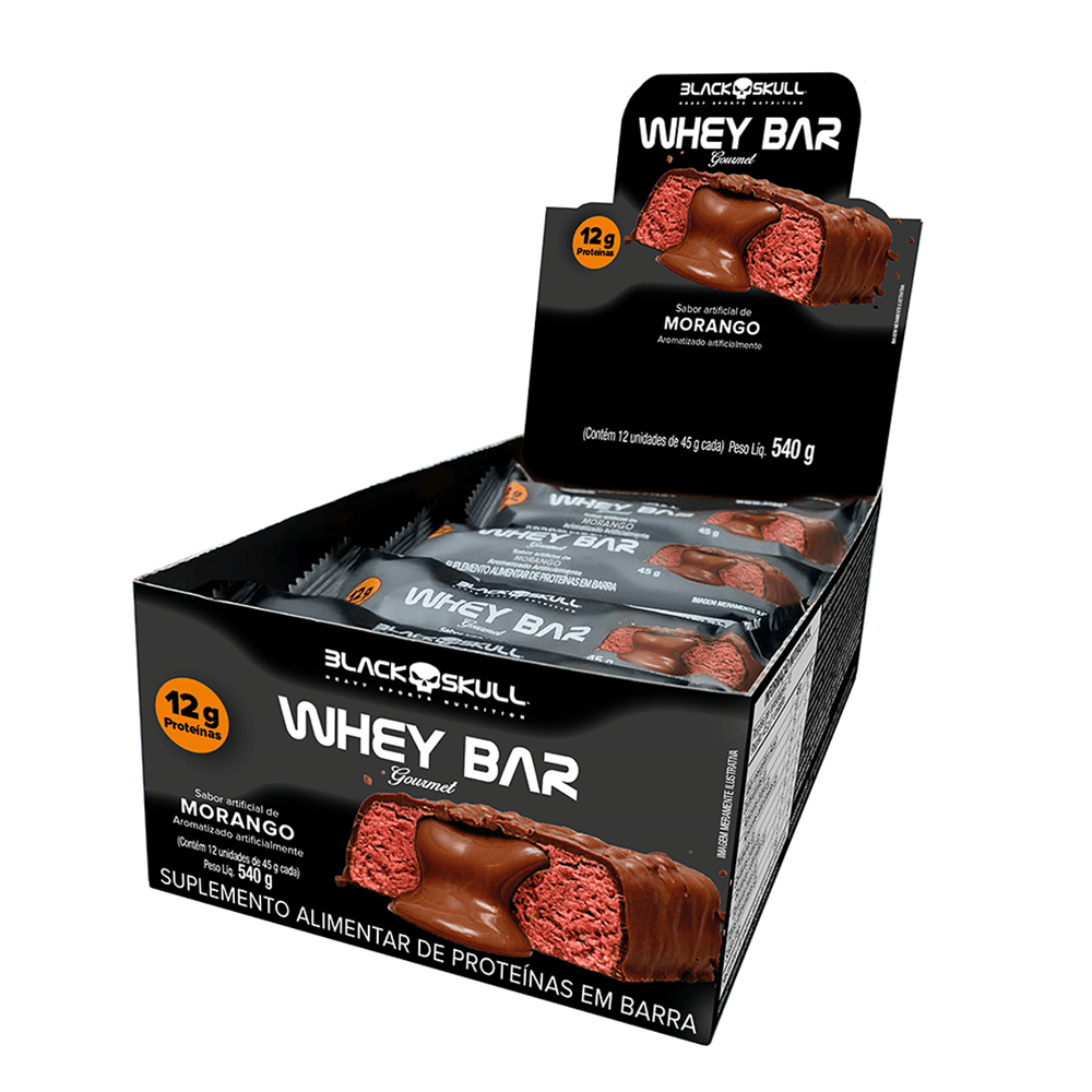 Kit 12 Barras De Proteína Whey Bar Gourmet Zero Black Skull Morango