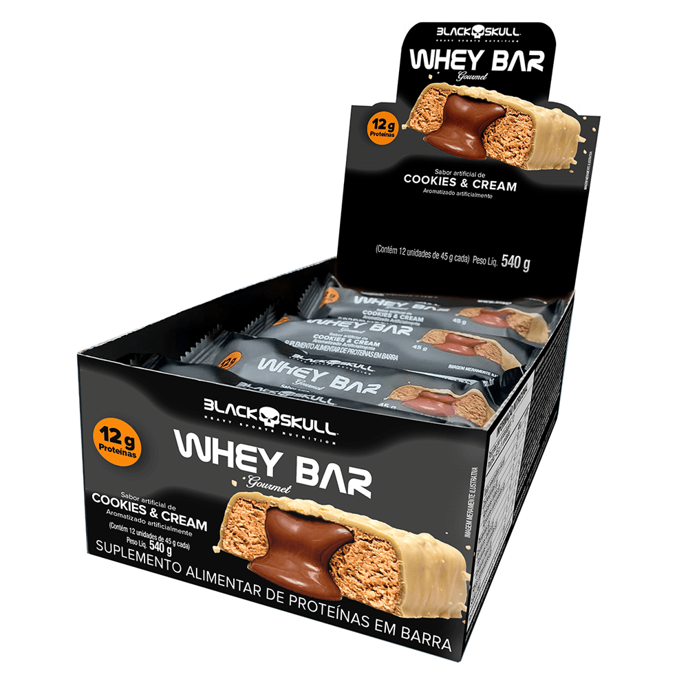 Kit 12 Barras de Proteína Whey Bar Gourmet Zero Black Skull Cookies e Cream