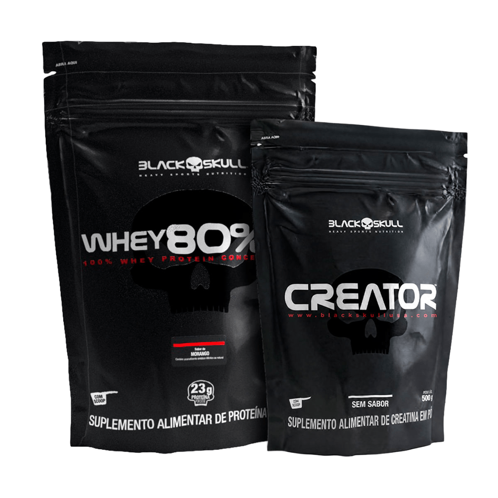 Kit Black Skull Whey 80% HD Morango 900g + Creatina Creator 500g