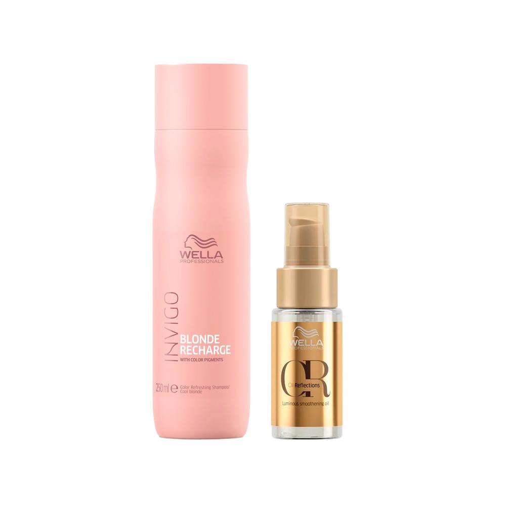 Kit Wella Professionals Shampoo Invigo Cool Blonde Recharge 250ml + Óleo Capilar Oil Reflections 30ml
