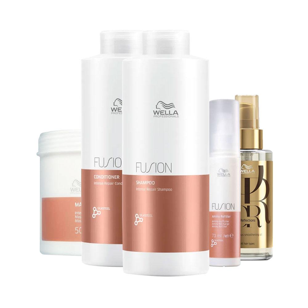 Kit Wella Professionals Shampoo Fusion 1L + Condicionador Fusion 1L + Máscara Fusion 500ml + Tratamento Fusion 70ml + Óleo Capilar Oil Reflections 100ml
