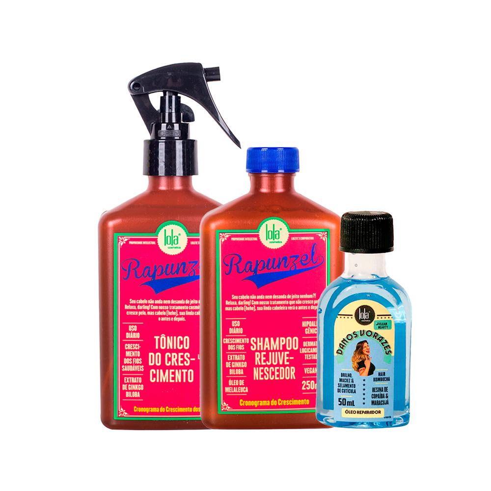 Kit Lola Tônico Rapunzel 250ml + Shampoo Rapunzel 250ml + Óleo Danos Vorazes 50ml