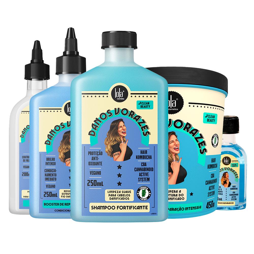 Kit Reconstrução Danos Vorazes Lola Cosmetics Shampoo 250ml + Máscara de Reconstrução 450g + Booster Reconstrutor 250ml + Leave-in 200ml + Óleo Reparador 50ml