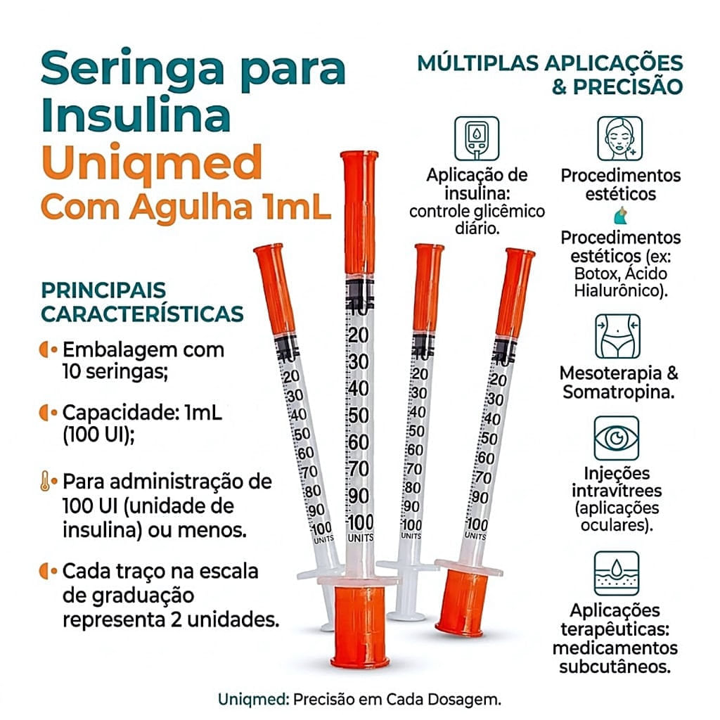 Kit 10 seringas Insulina Uniqmed 1ml 12,7x0,33mm 29G