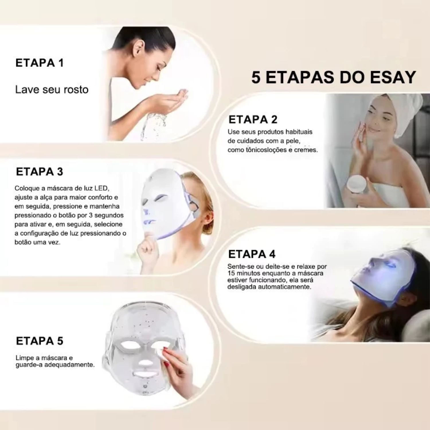 Máscara Facial LED 7 Cores Fotón Leve Recarregável