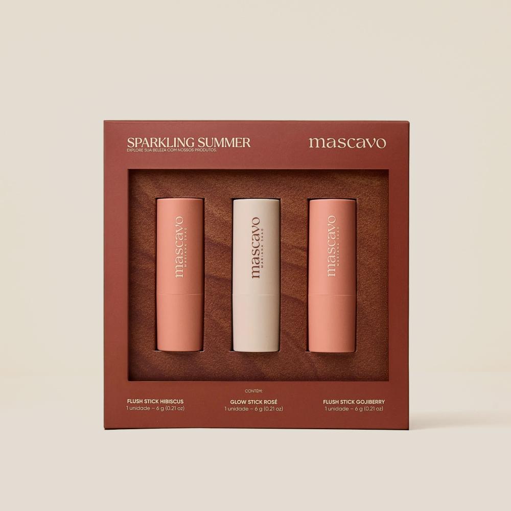 Kit Sparkling Summer Mascavo Blush Stick Hibiscus + Iluminador Stick Rosé + Blush Stick Gojiberry