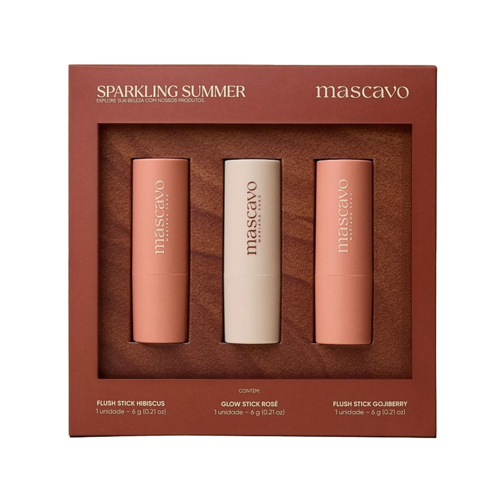 Kit Sparkling Summer Mascavo Blush Stick Hibiscus + Iluminador Stick Rosé + Blush Stick Gojiberry