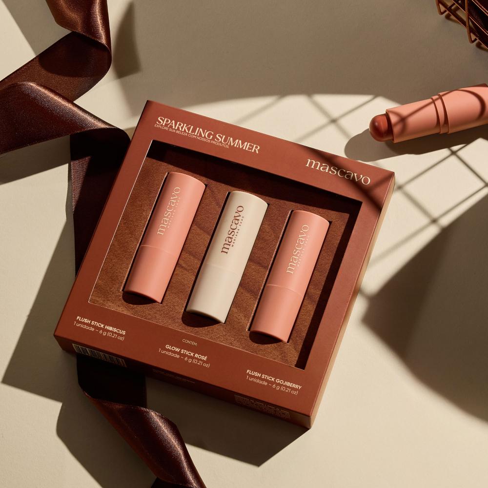 Kit Sparkling Summer Mascavo Blush Stick Hibiscus + Iluminador Stick Rosé + Blush Stick Gojiberry