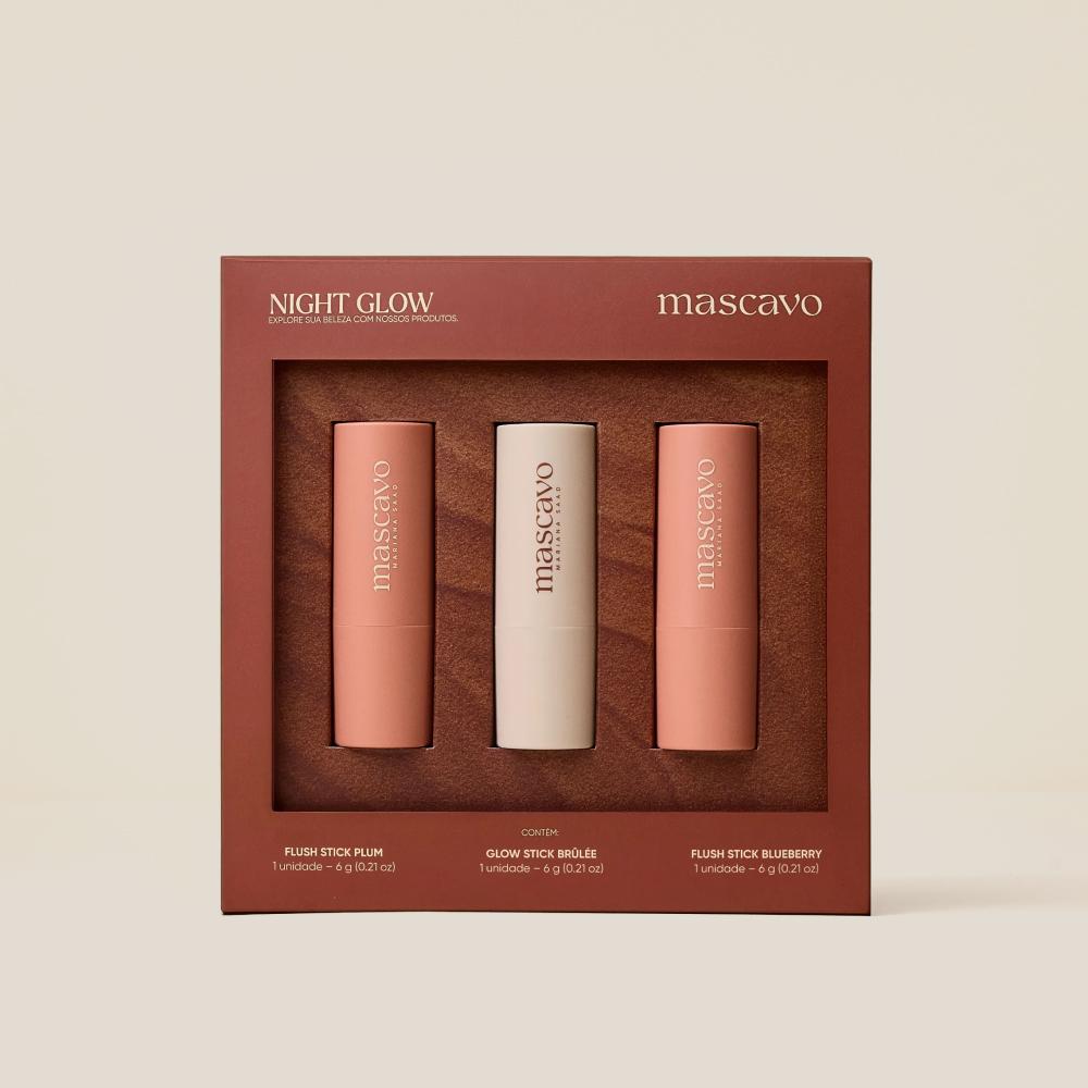 Kit Celebration Edition Night Glow Mascavo Stick Blush Plum + Stick Blush Blueberry + Iluminador Brûlée