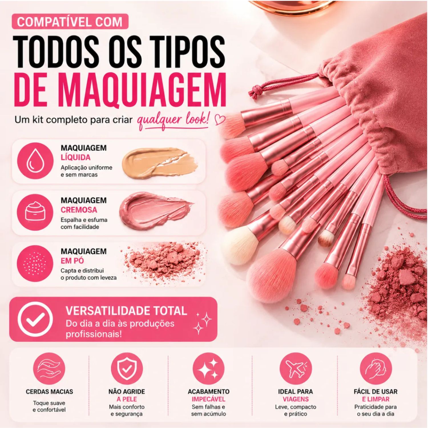 Kit 13 Pincéis De Maquiagem Olhos e Rosto Com Estojo
