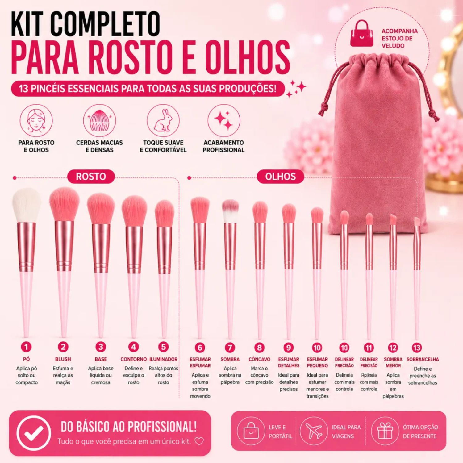 Kit 13 Pincéis De Maquiagem Olhos e Rosto Com Estojo