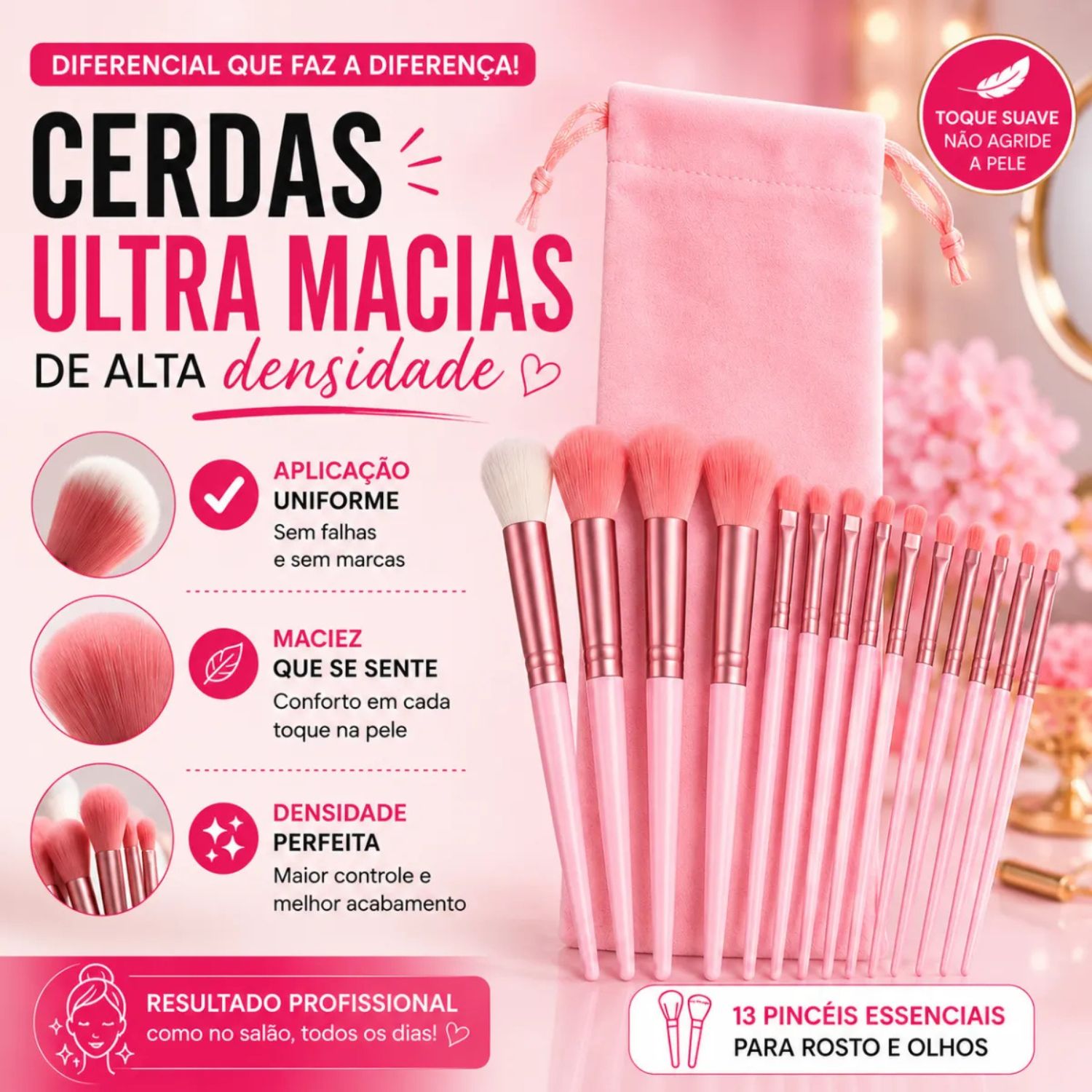 Kit 13 Pincéis De Maquiagem Olhos e Rosto Com Estojo