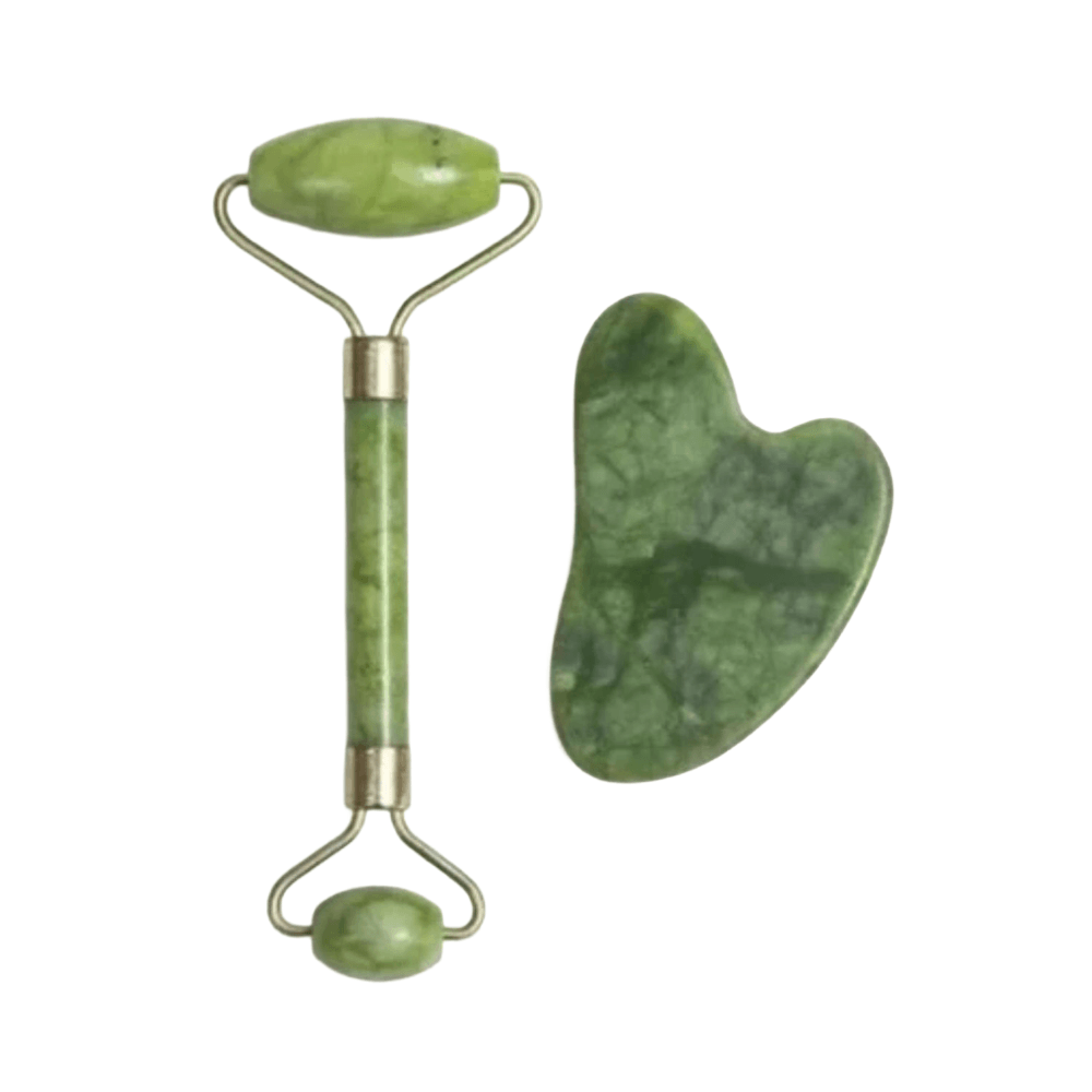 Kit Beleza Express Rolinho Massageador Jade + Placa Gua Sha Para Drenagem Facial