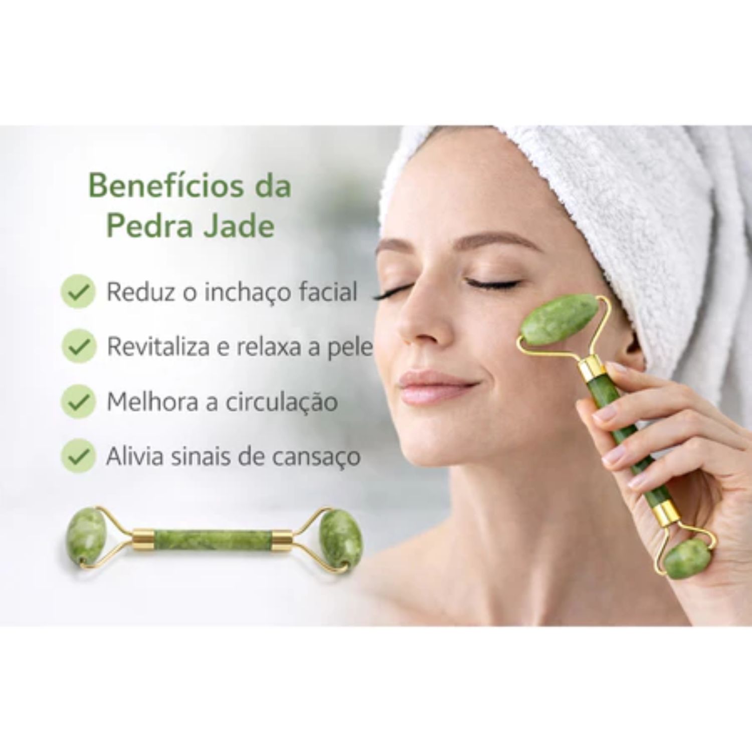 Kit Beleza Express Rolinho Massageador Jade + Placa Gua Sha Para Drenagem Facial