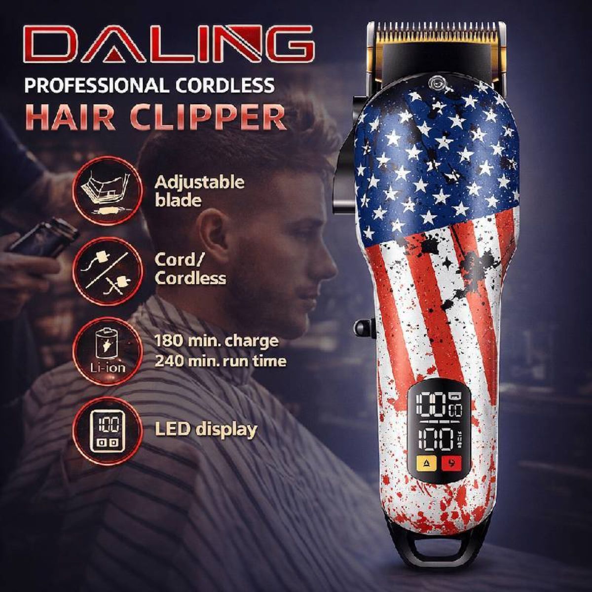 Máquina Cortar Cabelo Sem Fio Com Display Digital USA Retro