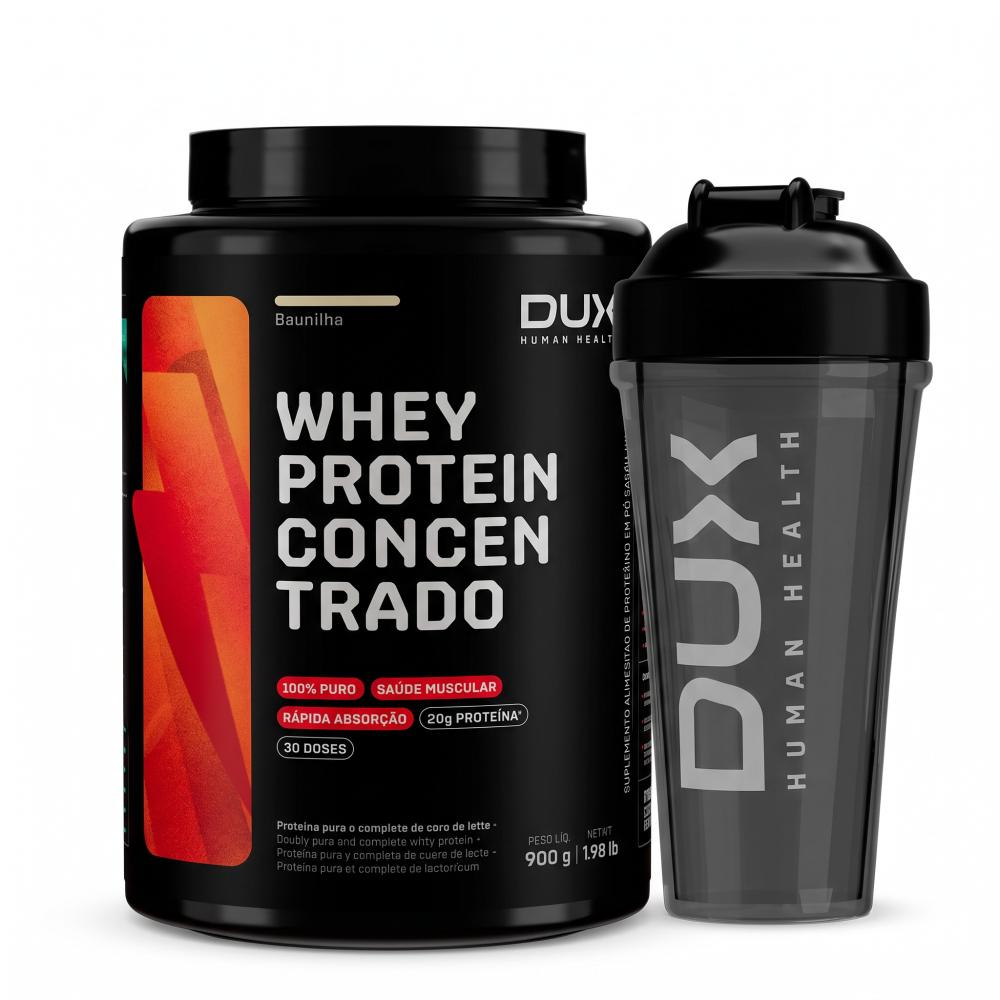 Kit Dux Whey Protein Concentrado Baunilha 900g + Coqueteleira Pro 800ml