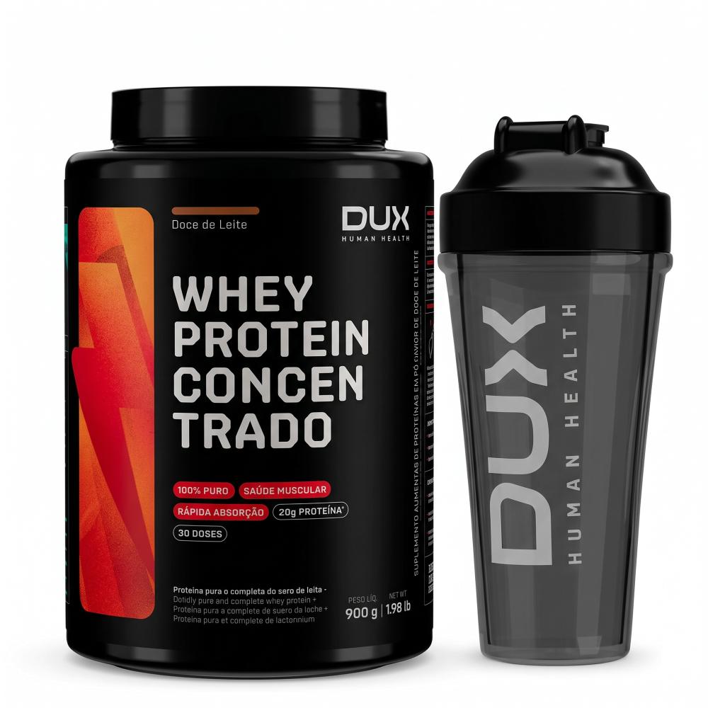 Kit DUX Whey Protein Concentrado Doce de Leite 900g + Coqueteleira Pro 800ml