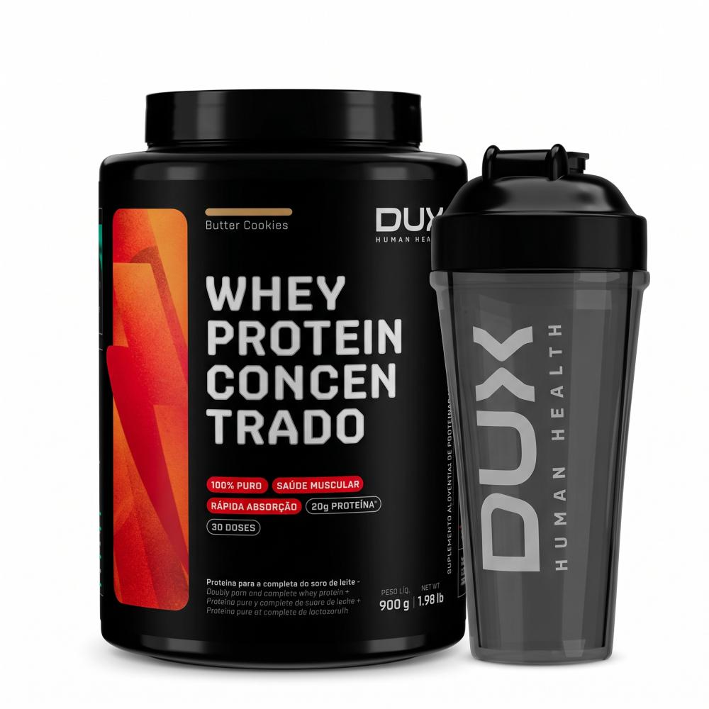 Kit Dux Whey Protein Concentrado Butter Cookies 900g + Coqueteleira Pro 800ml