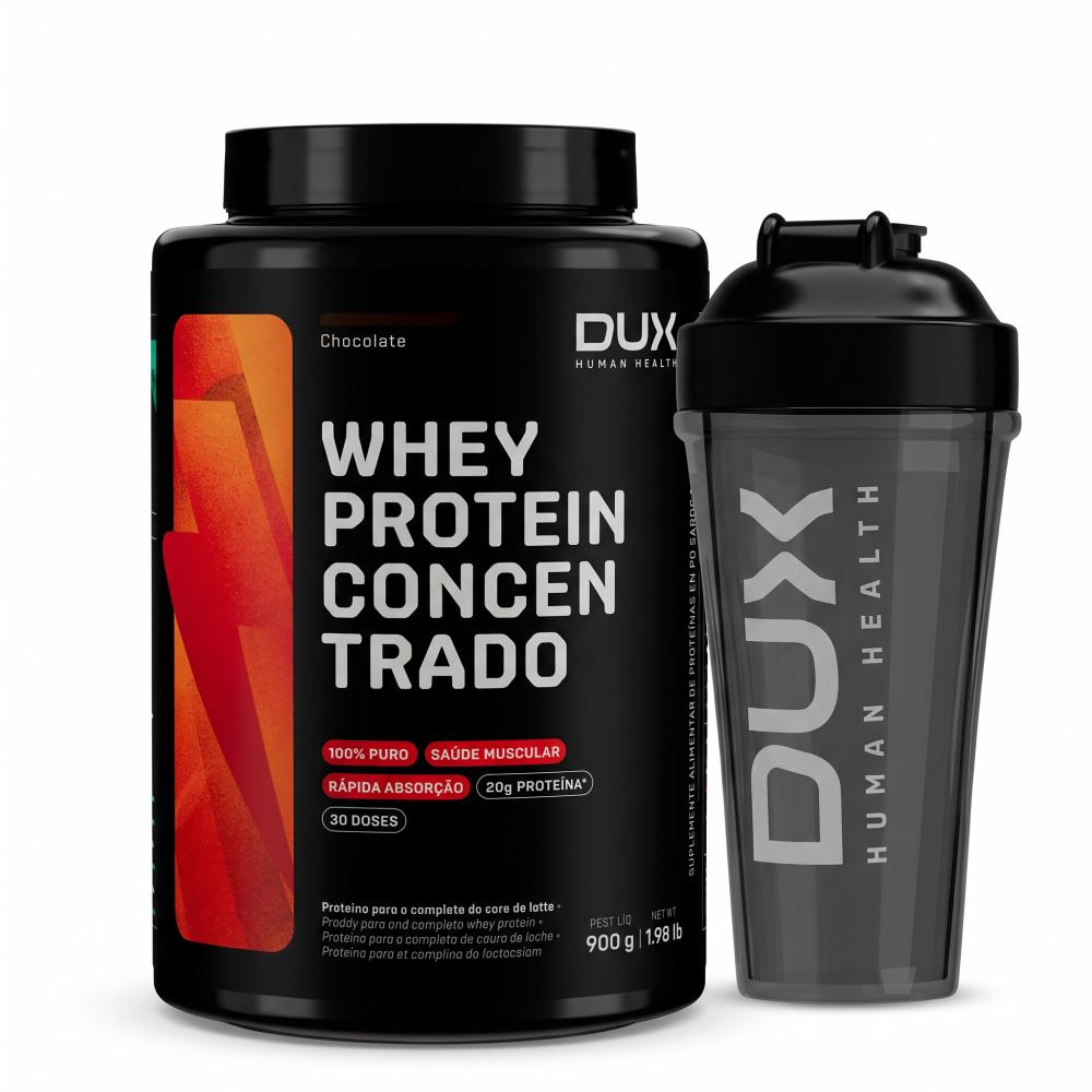 Kit DUX Whey Protein Concentrado Chocolate 900g + Coqueteleira Pro 800ml