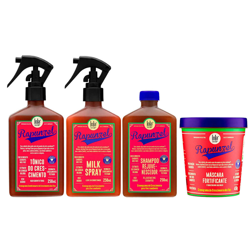 Kit Rapunzel Lola Cosmetics Tônico 250ml + Leave-In 250ml + Shampoo 250ml + Máscara 450g
