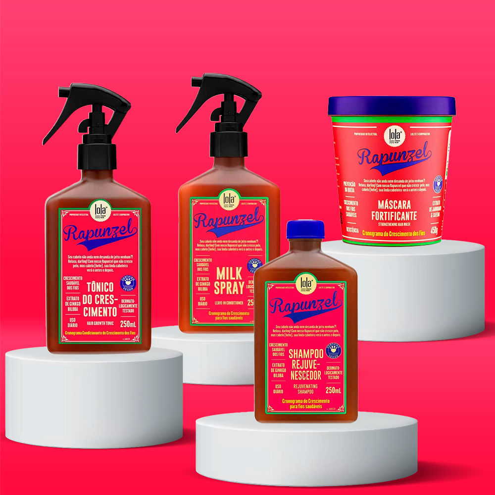 Kit Rapunzel Lola Cosmetics Tônico 250ml + Leave-In 250ml + Shampoo 250ml + Máscara 450g