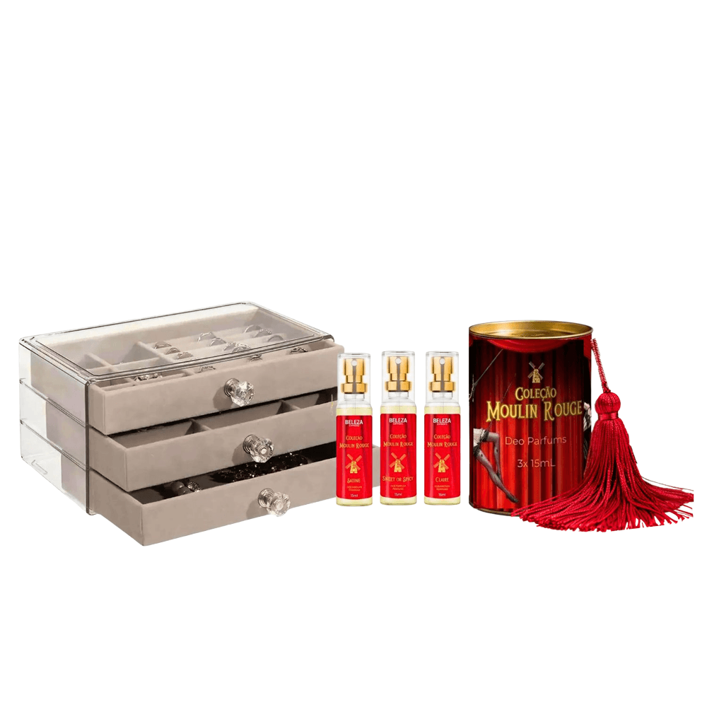 Kit Presente Feminino Beleza Express Perfume 3x15ml + Porta Jóias Moulin Rouge