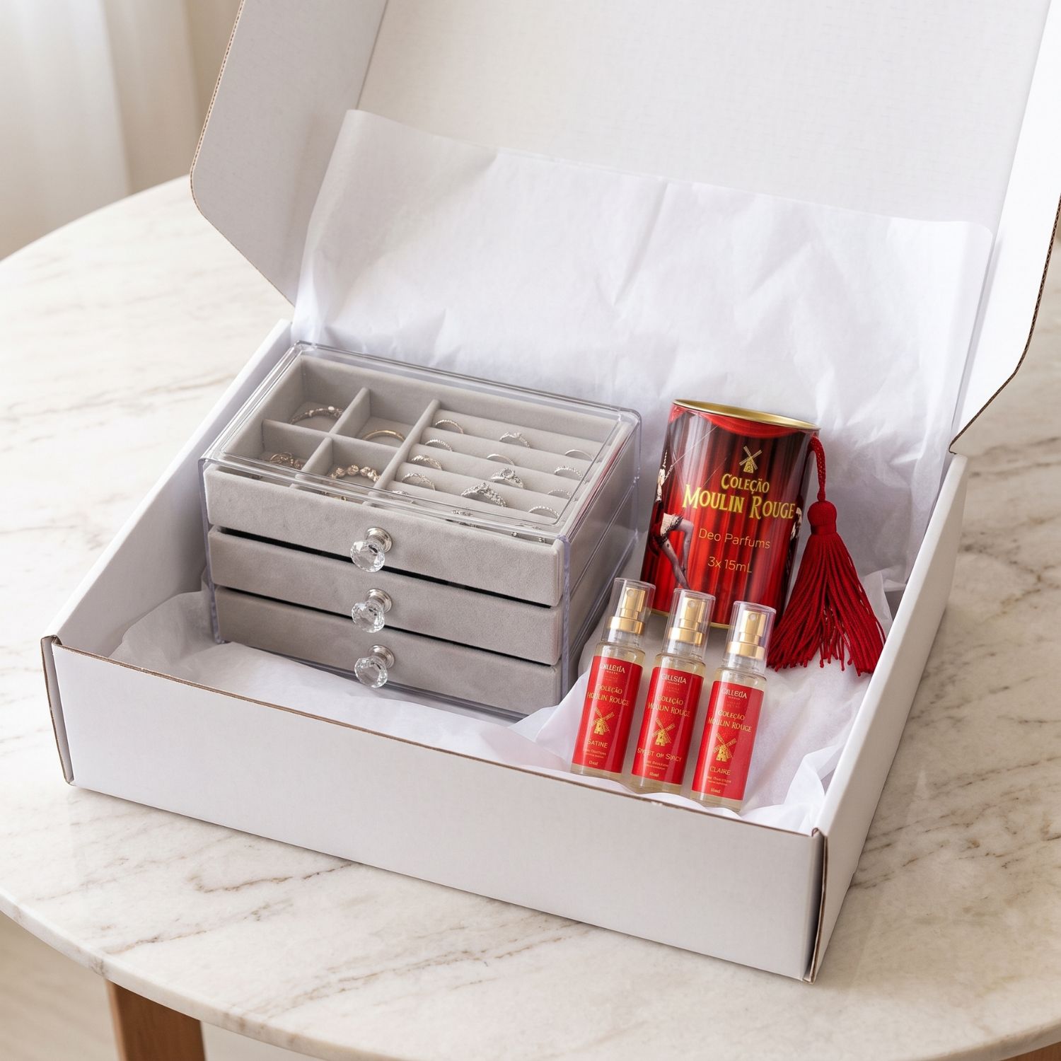 Kit Presente Feminino Beleza Express Perfume 3x15ml + Porta Jóias Moulin Rouge