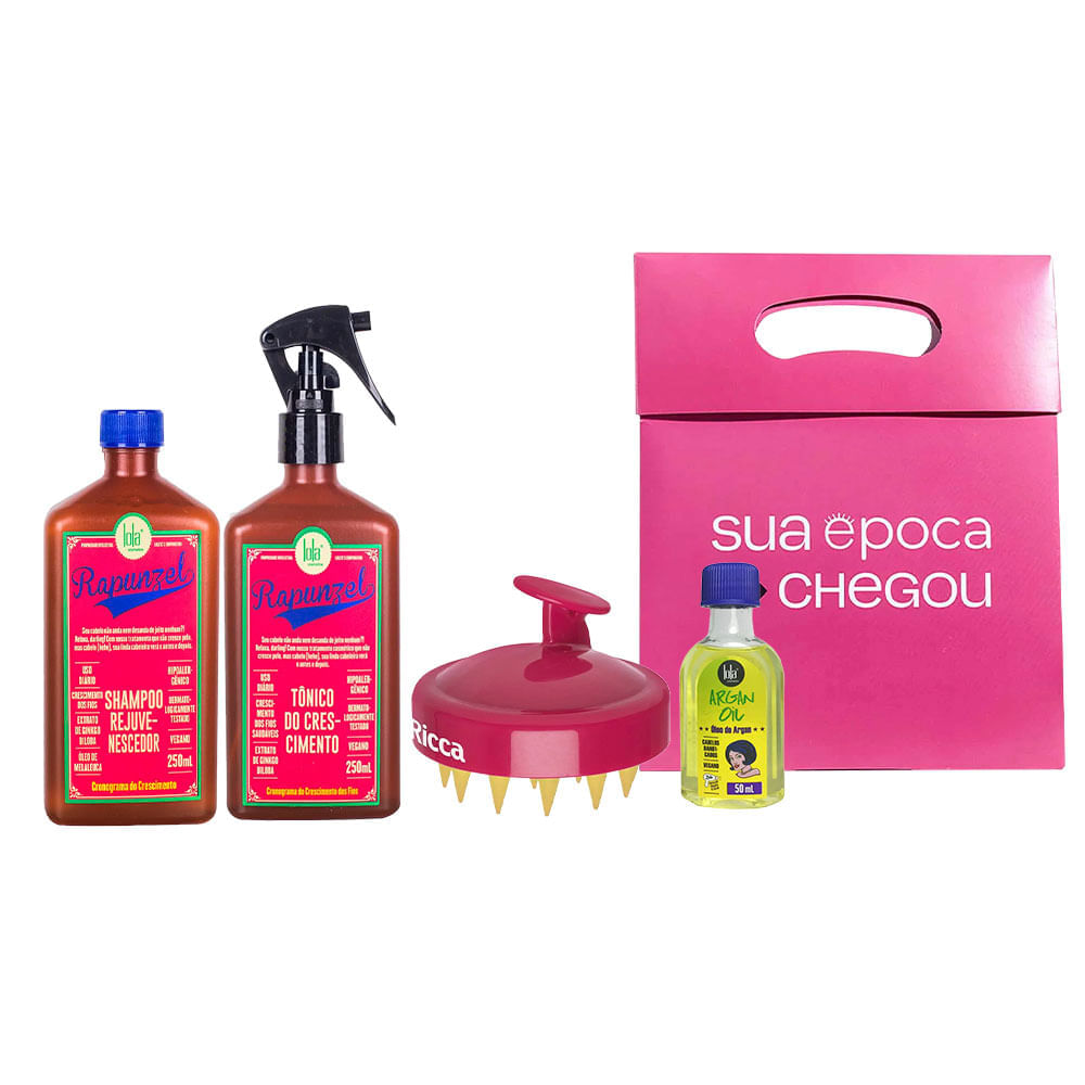 Kit Lola Cosmetics Shampoo 250ml + Tônico 250ml + Óleo Capilar 50ml + Escova Massageadora + Sacola Presenteável